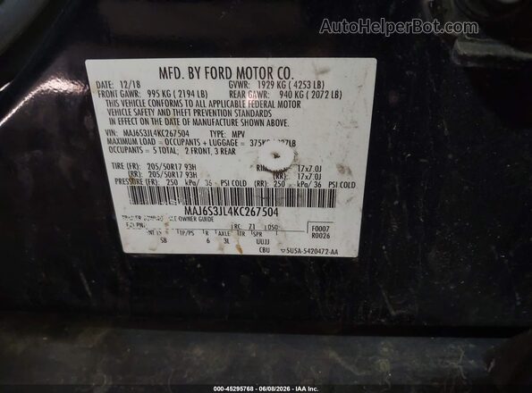 MAJ6S3JL4KC267504 2019 FORD ECOSPORT Black Engine compartment view
