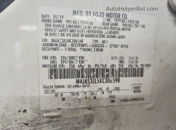 MAJ6S3JL5KC306598 2019 FORD ECOSPORT White Widok naklejki z numerem VIN