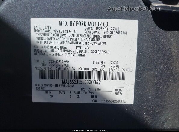MAJ6S3JL5LC330062 2020 FORD ECOSPORT Gray 