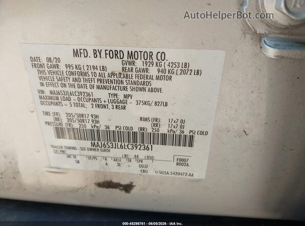 MAJ6S3JL6LC392361 2020 FORD ECOSPORT Silver Widok komory silnika