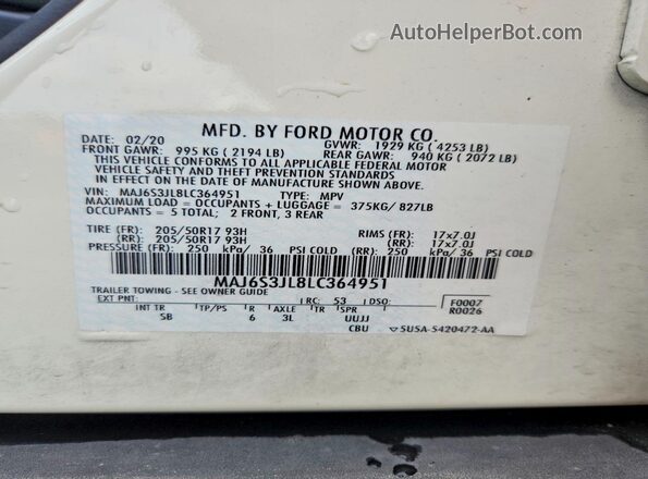 MAJ6S3JL8LC364951 2020 FORD ECOSPORT White 