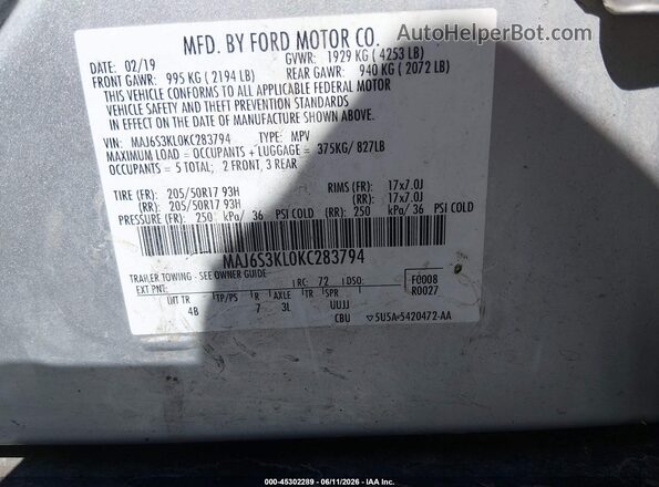MAJ6S3KL0KC283794 2019 FORD ECOSPORT Gray Widok komory silnika