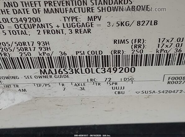 MAJ6S3KL0LC349200 2020 FORD ECOSPORT White Vista del compartimento del motor