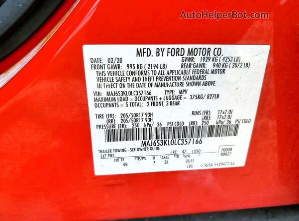 MAJ6S3KL0LC357166 2020 FORD ECOSPORT Красный Вид подкапотного пространства