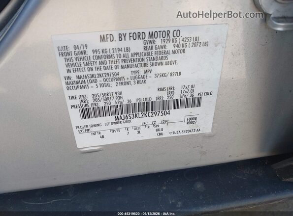 MAJ6S3KL2KC297504 2019 FORD ECOSPORT Silver Շարժիչի բաժամունքի տեսք