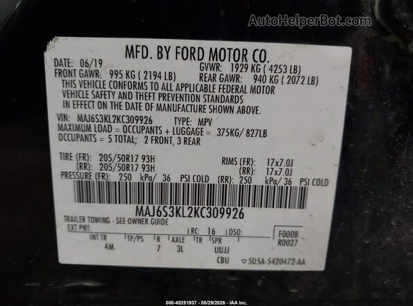 MAJ6S3KL2KC309926 2019 FORD ECOSPORT Black Շարժիչի բաժամունքի տեսք
