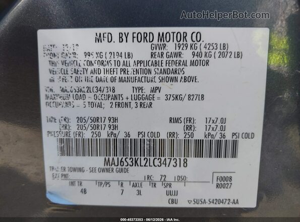 MAJ6S3KL2LC347318 2020 FORD ECOSPORT Gray ძრავის განყოფილების ხედი