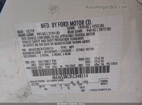 MAJ6S3KL2LC348114 2020 FORD ECOSPORT White ძრავის განყოფილების ხედი