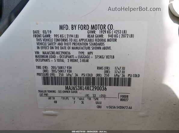 MAJ6S3KL4KC290036 2019 FORD ECOSPORT Белый Вид подкапотного пространства