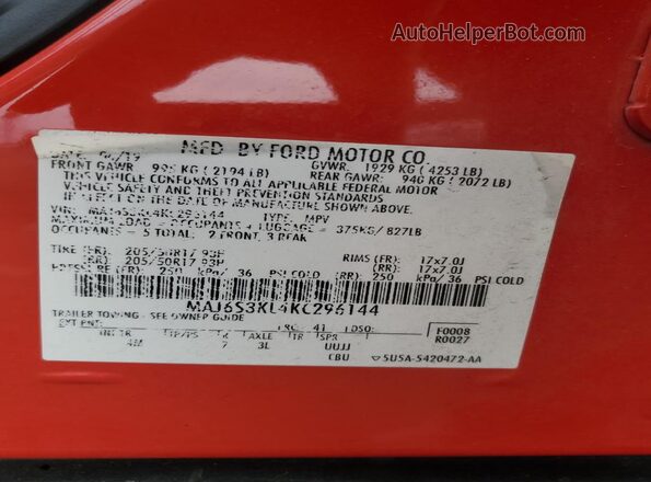 MAJ6S3KL4KC296144 2019 FORD ECOSPORT Red 