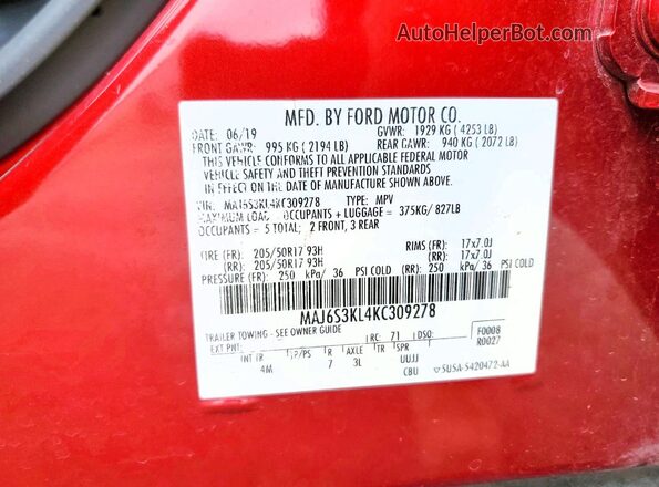 MAJ6S3KL4KC309278 2019 FORD ECOSPORT Red VIN կոդի պիտակի տեսք