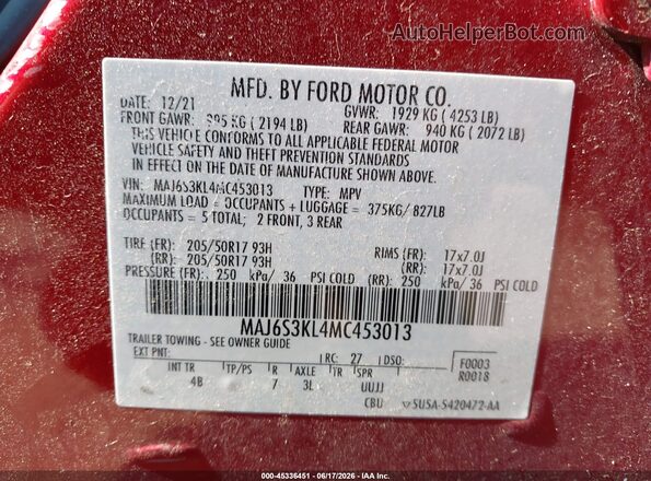 MAJ6S3KL4MC453013 2021 FORD ECOSPORT Red Widok komory silnika