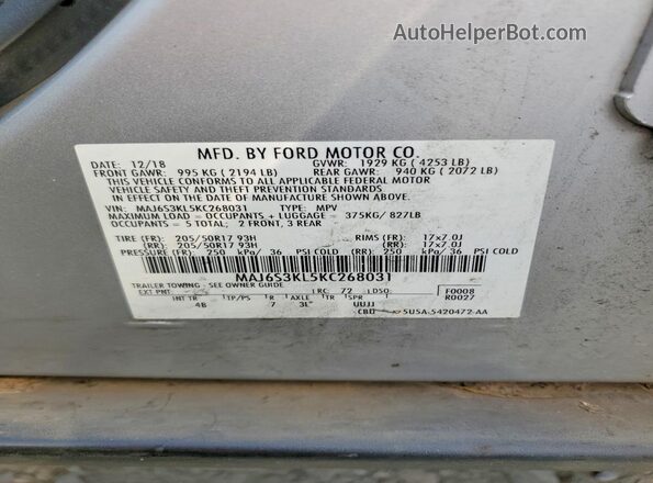 MAJ6S3KL5KC268031 2019 FORD ECOSPORT Silver Vista de la etiqueta del VIN