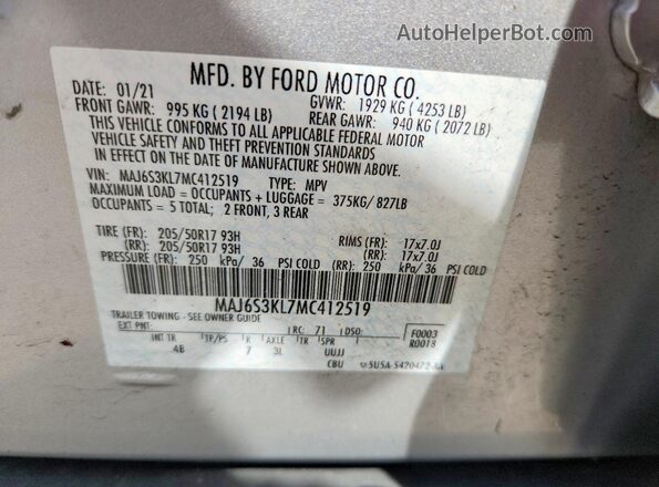 MAJ6S3KL7MC412519 2021 FORD ECOSPORT Silver Вид наклейки з VIN-кодом