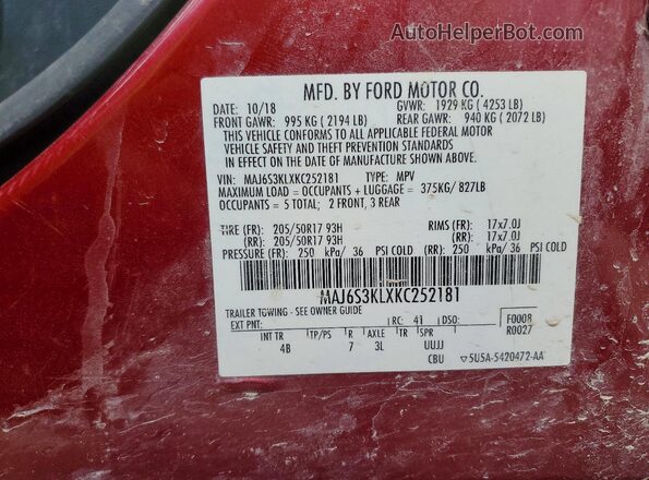 MAJ6S3KLXKC252181 2019 FORD ECOSPORT Red VIN კოდის სტიკერის ხედი