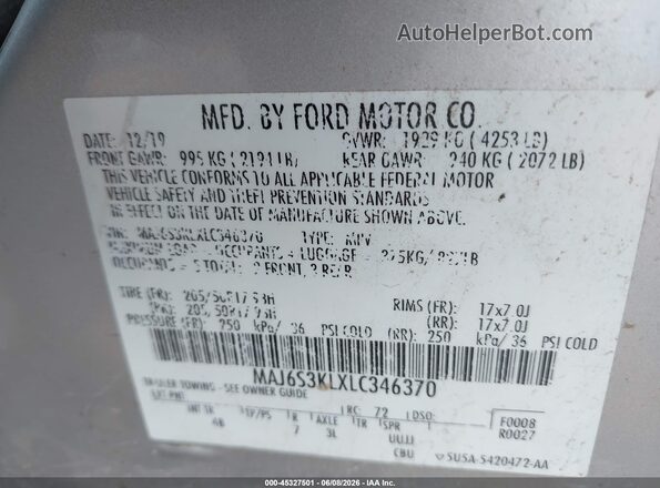 MAJ6S3KLXLC346370 2020 FORD ECOSPORT Silver ძრავის განყოფილების ხედი