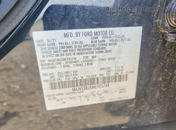 MAJ6S3KLXMC425748 2021 FORD ECOSPORT Black Widok naklejki z numerem VIN