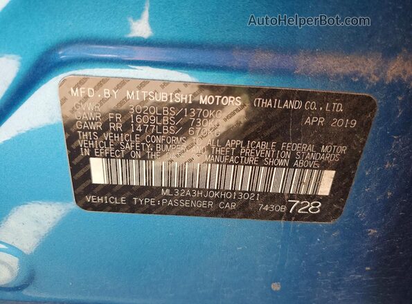 ML32A3HJ0KH013021 2019 MITSUBISHI MIRAGE Blue 