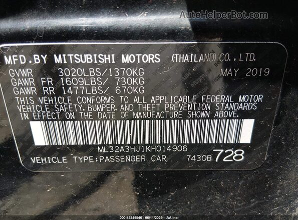 ML32A3HJ1KH014906 2019 MITSUBISHI MIRAGE Black Engine compartment view