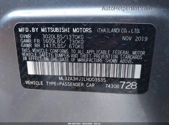 ML32A3HJ1LH003535 2020 MITSUBISHI MIRAGE Gray Շարժիչի բաժամունքի տեսք