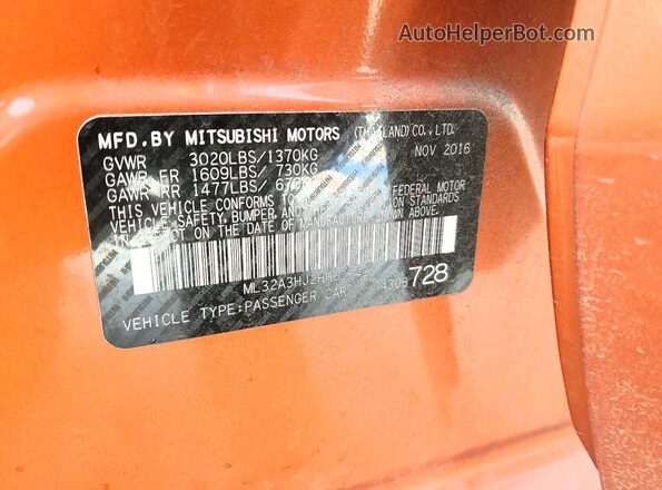 ML32A3HJ2HH016432 2017 MITSUBISHI MIRAGE Orange Vista de la etiqueta del VIN