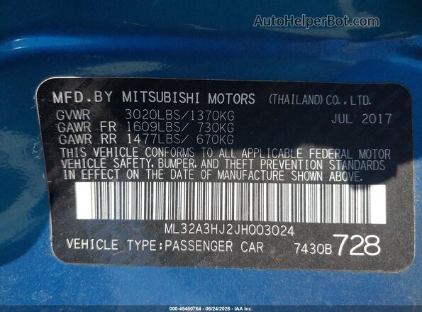 ML32A3HJ2JH003024 2018 MITSUBISHI MIRAGE Blue Engine compartment view