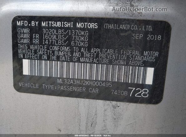 ML32A3HJ2KH000495 2019 MITSUBISHI MIRAGE Silver Widok komory silnika