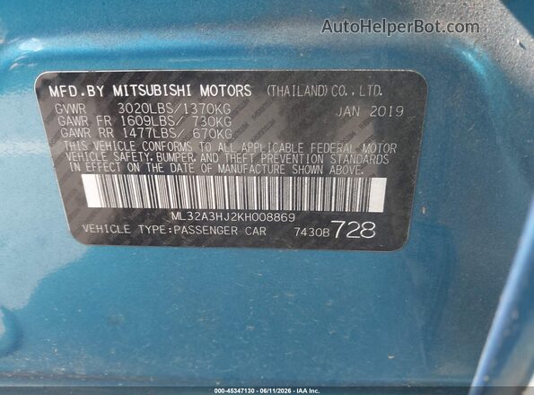 ML32A3HJ2KH008869 2019 MITSUBISHI MIRAGE Blue Շարժիչի բաժամունքի տեսք