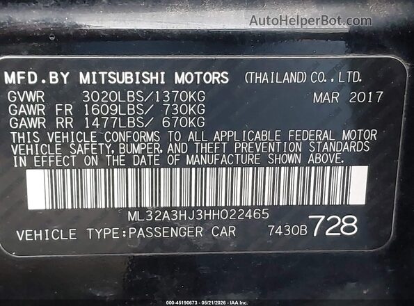 ML32A3HJ3HH022465 2017 MITSUBISHI MIRAGE Черный 