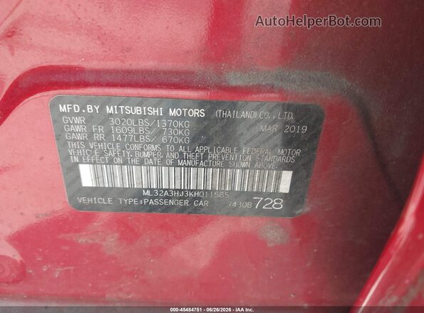 ML32A3HJ3KH011585 2019 MITSUBISHI MIRAGE Red Widok komory silnika
