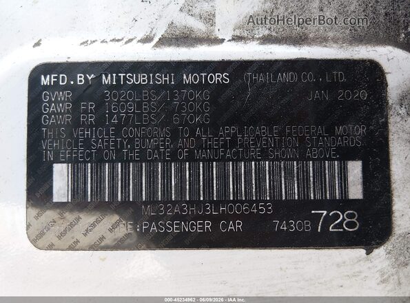 ML32A3HJ3LH006453 2020 MITSUBISHI MIRAGE Белый Вид подкапотного пространства