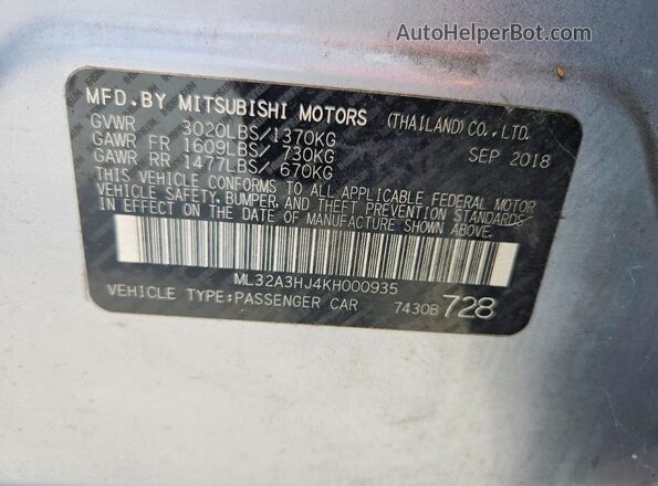 ML32A3HJ4KH000935 2019 MITSUBISHI MIRAGE Silver Вид наклейки з VIN-кодом