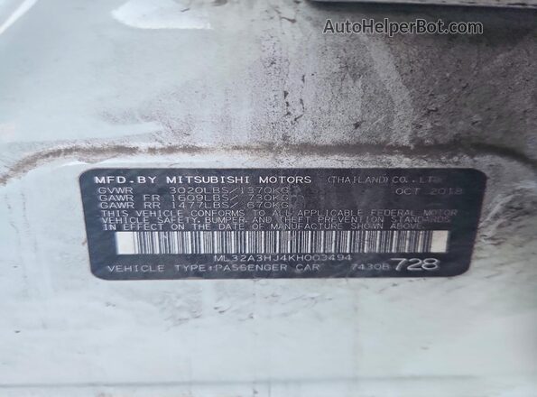 ML32A3HJ4KH003494 2019 MITSUBISHI MIRAGE Белый Вид подкапотного пространства