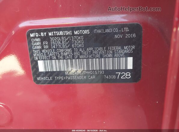 ML32A3HJ7HH015793 2017 MITSUBISHI MIRAGE Red ძრავის განყოფილების ხედი