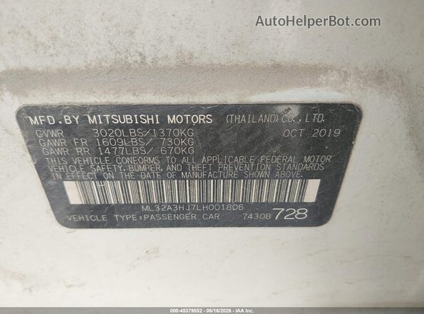 ML32A3HJ7LH001806 2020 MITSUBISHI MIRAGE White Engine compartment view