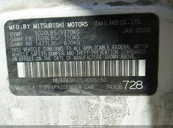 ML32A3HJ7LH006150 2020 MITSUBISHI MIRAGE White Widok komory silnika