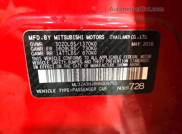 ML32A3HJ8HH008755 2017 MITSUBISHI MIRAGE Red Вид наклейки з VIN-кодом