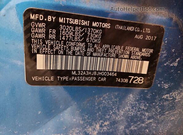 ML32A3HJ8JH003464 2018 MITSUBISHI MIRAGE Blue 