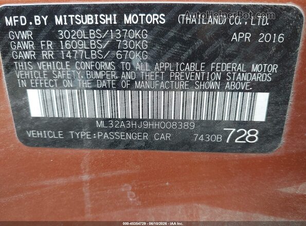 ML32A3HJ9HH008389 2017 MITSUBISHI MIRAGE Orange ძრავის განყოფილების ხედი