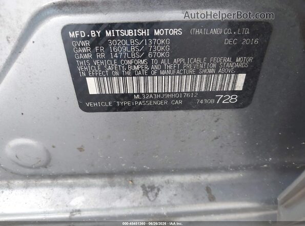 ML32A3HJ9HH017612 2017 MITSUBISHI MIRAGE Gray Вид підкапотного простору