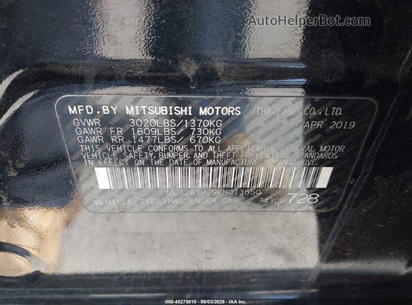 ML32A3HJ9KH013650 2019 MITSUBISHI MIRAGE Black ძრავის განყოფილების ხედი