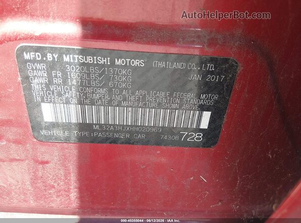 ML32A3HJXHH020969 2017 MITSUBISHI MIRAGE Red Widok komory silnika