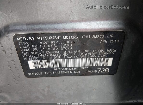 ML32A3HJXKH012927 2019 MITSUBISHI MIRAGE Gray Engine compartment view