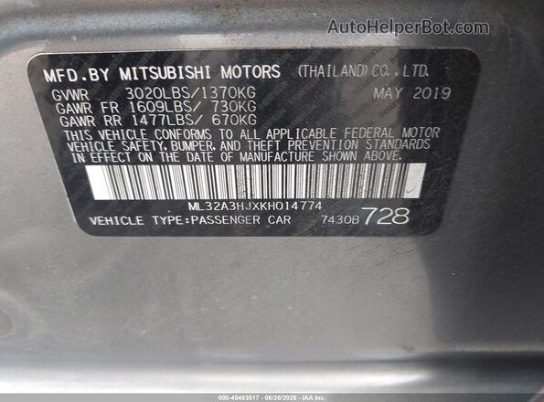 ML32A3HJXKH014774 2019 MITSUBISHI MIRAGE Gray Շարժիչի բաժամունքի տեսք