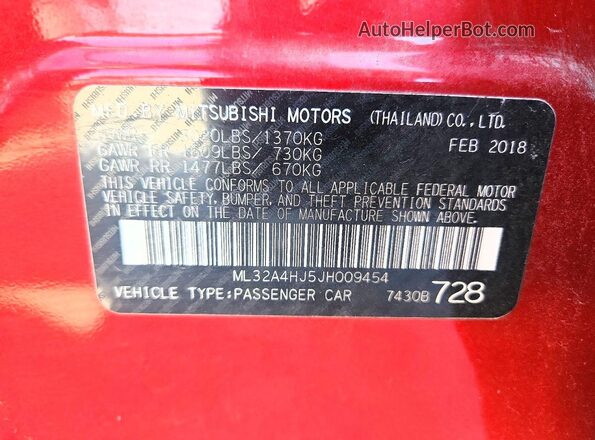 ML32A4HJ5JH009454 2018 MITSUBISHI MIRAGE Red Вид наклейки з VIN-кодом