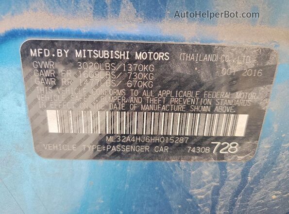 ML32A4HJ6HH015287 2017 MITSUBISHI MIRAGE Blue ძრავის განყოფილების ხედი