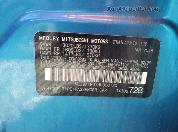 ML32A4HJ7HH000720 2017 MITSUBISHI MIRAGE Blue Vista del compartimento del motor