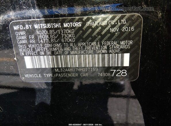 ML32A4HJ7HH017159 2017 MITSUBISHI MIRAGE Black Engine compartment view