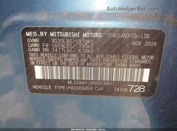 ML32A4HJXHH016801 2017 MITSUBISHI MIRAGE Blue Vista del compartimento del motor