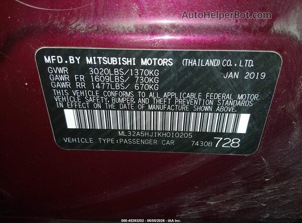 ML32A5HJ1KH010205 2019 MITSUBISHI MIRAGE Фиолетовый Вид подкапотного пространства